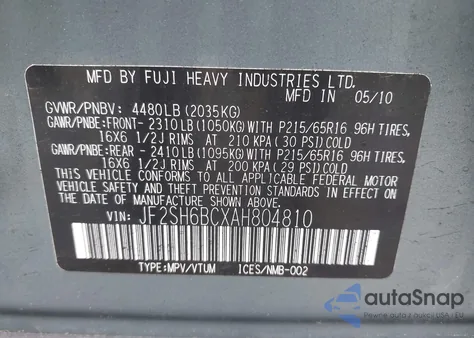 2010 Subaru Forester 2.5X из США, поврежденный, VIN JF2SH6BCXAH804810